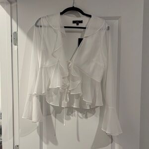 Lulu's White Ruffle Blouse Tie Front